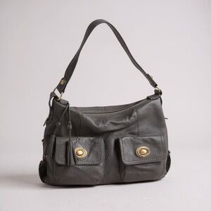 The Sak Leather Pockets Hobo Shoulder Bag Metallic Handbag Pewter Zipper Tote